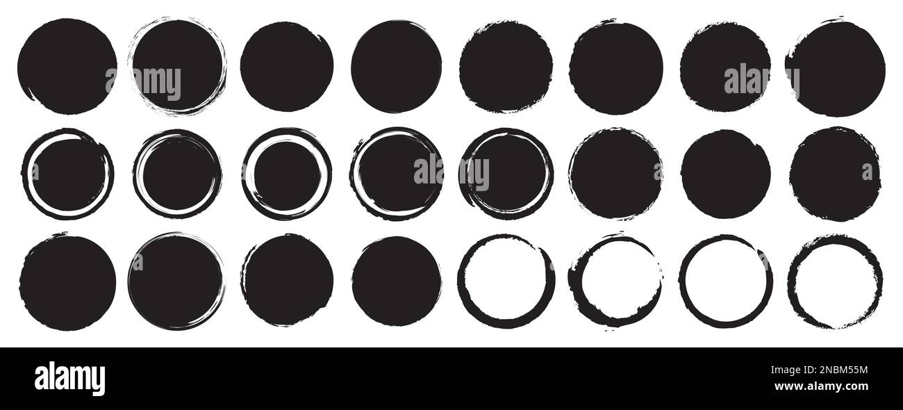 Set of black grunge circles shapes on a white background. Paint brush ...