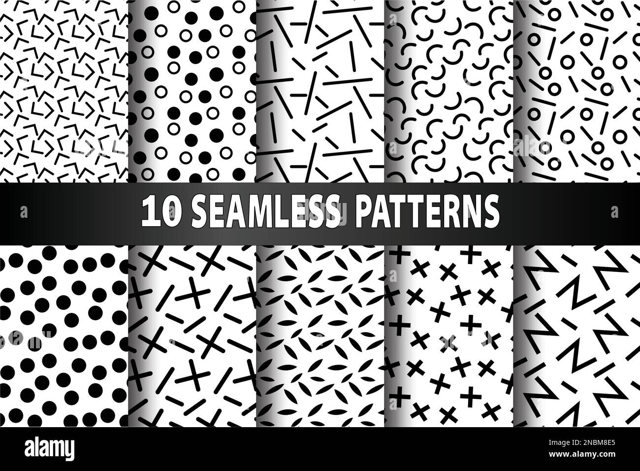 Funky memphis seamless vector patterns. 80s and 90s school fashion black and white texture backgrounds with simple geometric shapes. Background with a Stock Vector