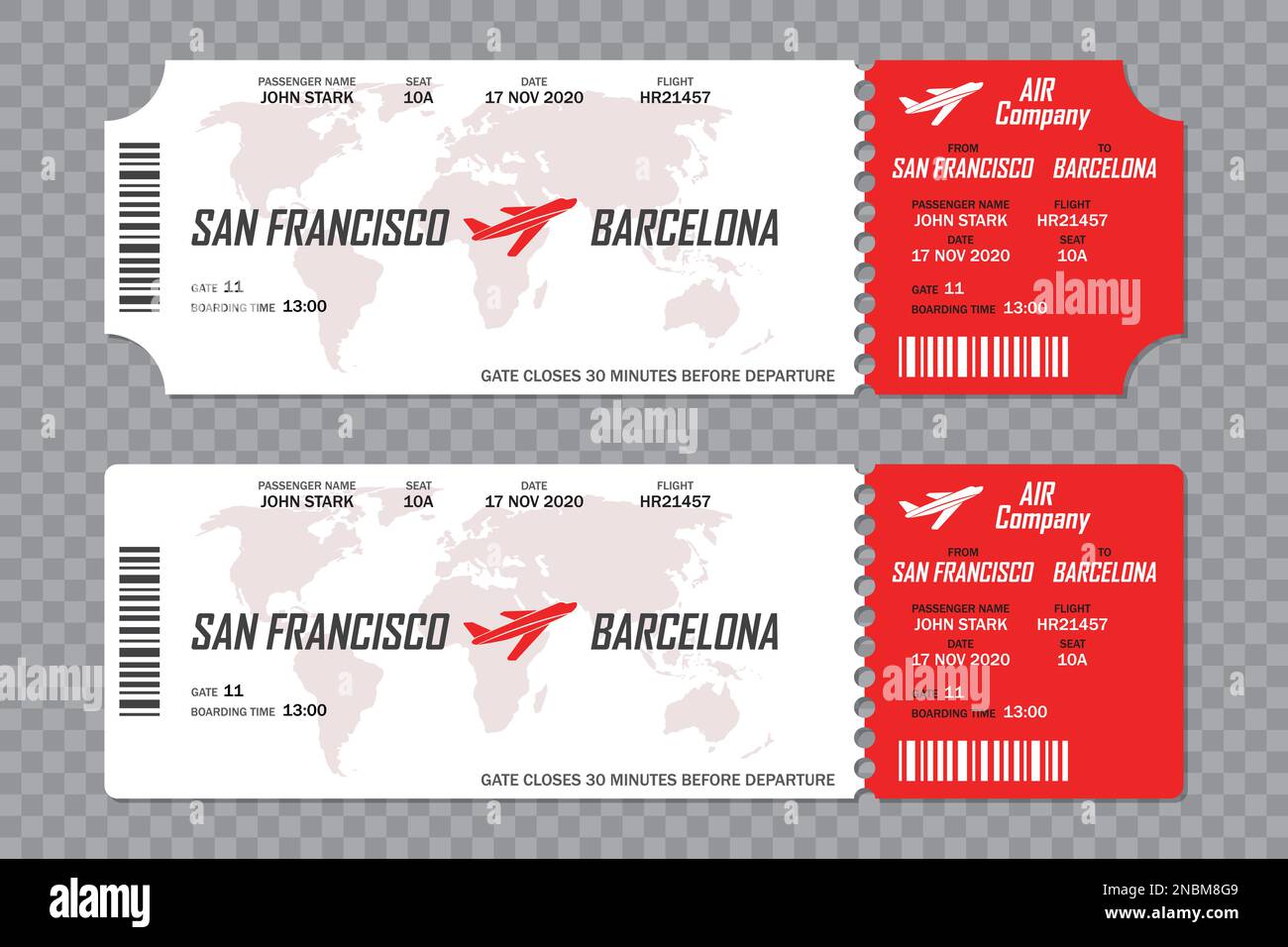 Set of airline boarding pass tickets on a transparent background Stock ...