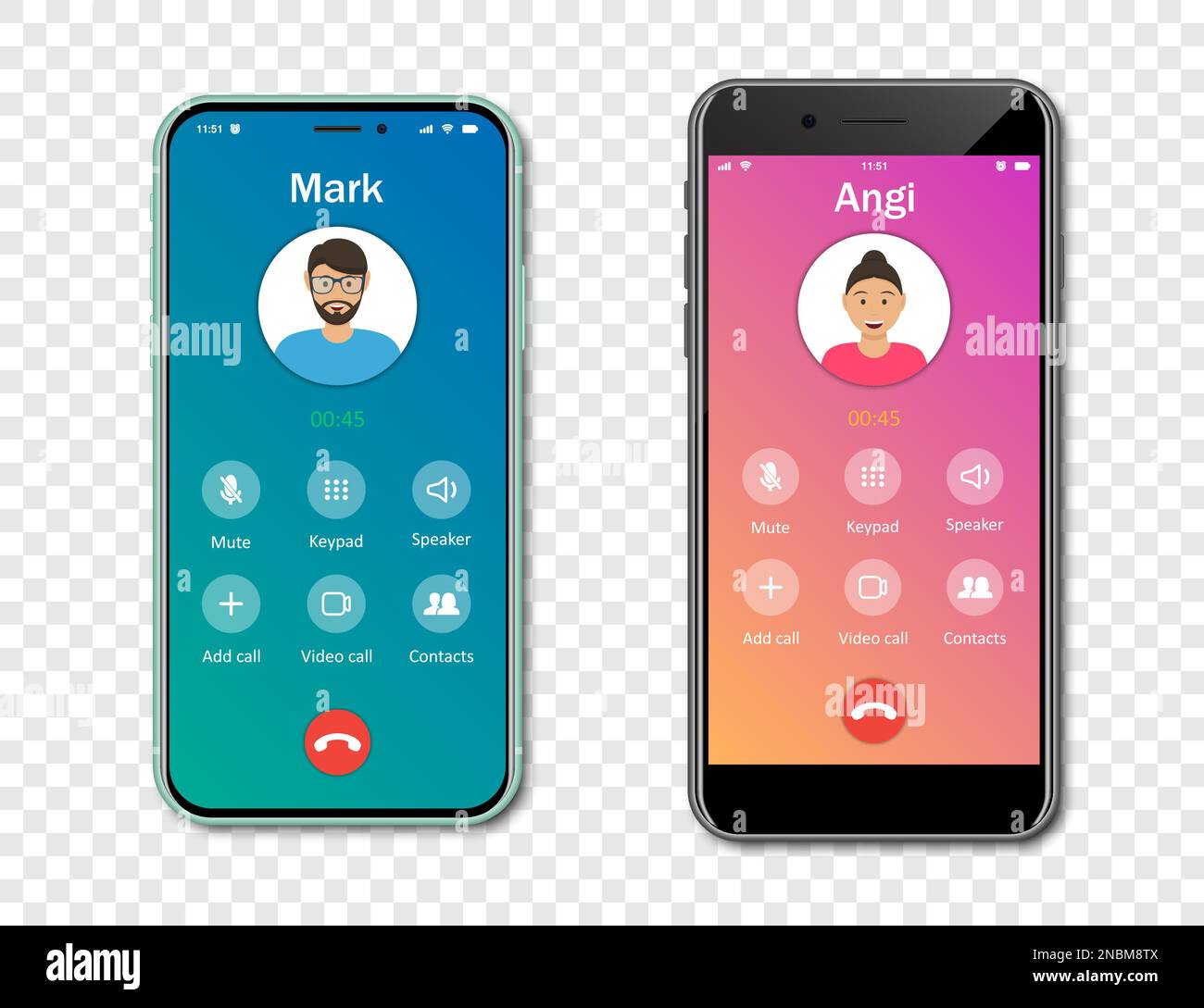 Smartphone call app interface template on a transparent background. Incoming call concept. Vector illustration Stock Vector