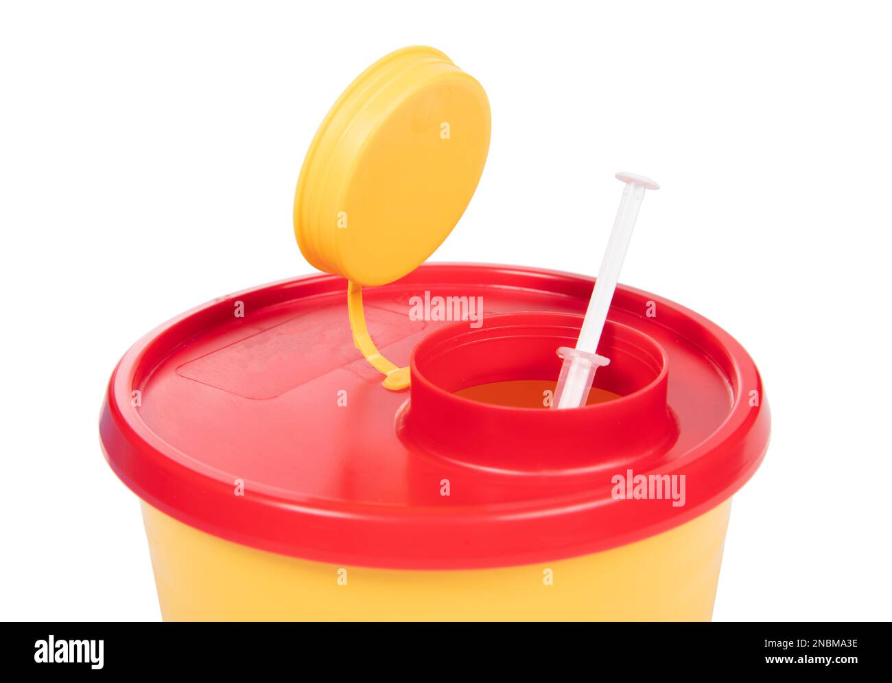 Medical box with contaminated needles isolated on white with clipping