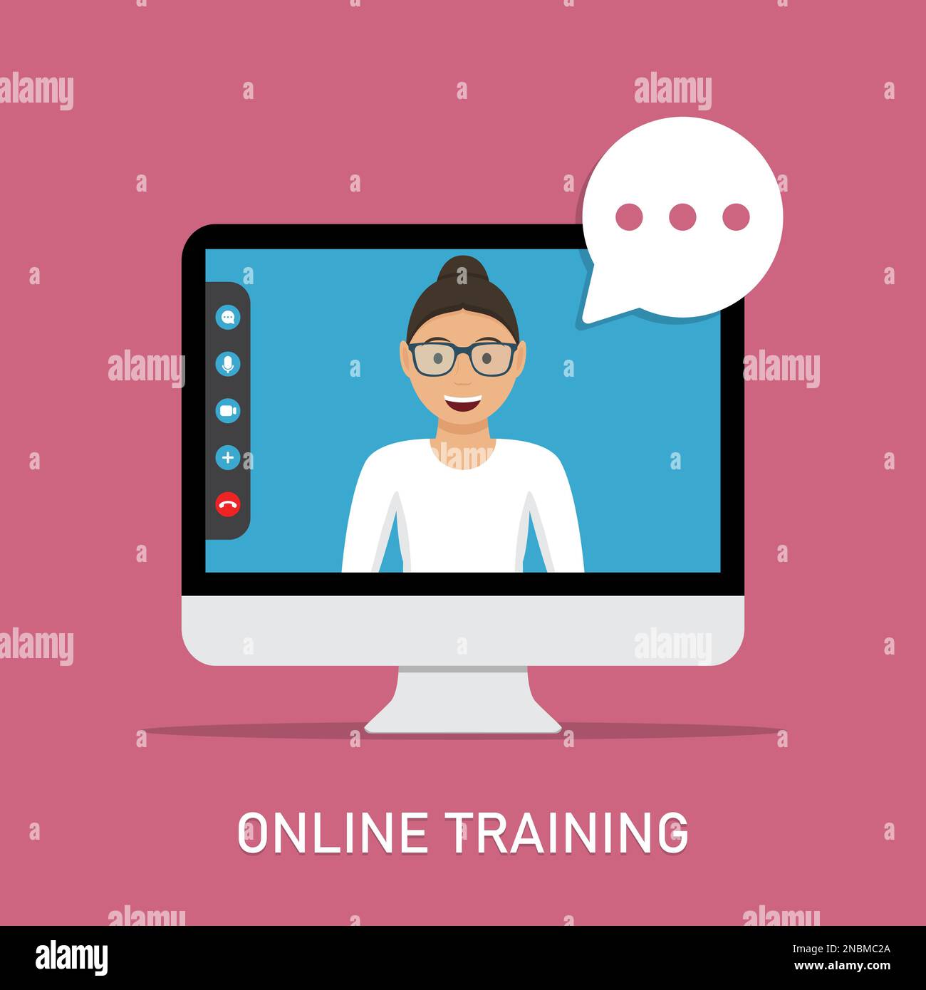 Online training with video teacher in computer monitor in a flat design