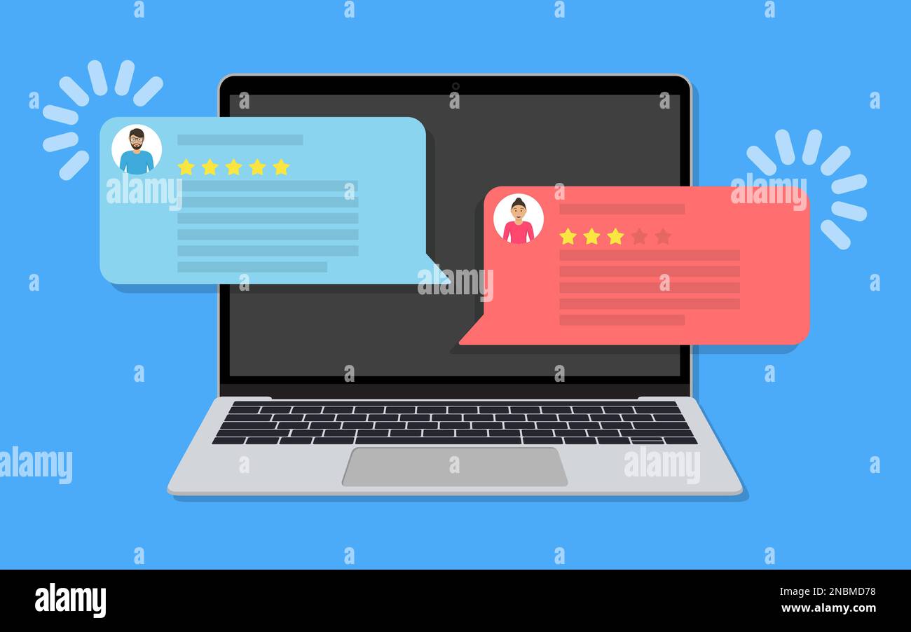 Laptop with chat messaging with customer review rating in a flat design