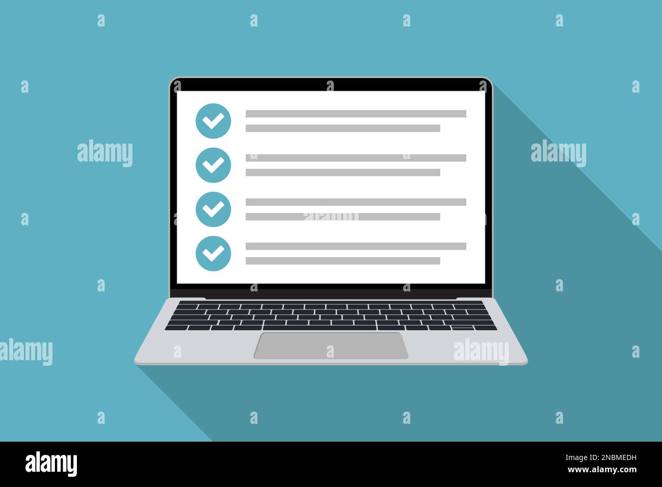 Laptop with checklist in a flat design with long shadow. List with checkboxes Stock Vector