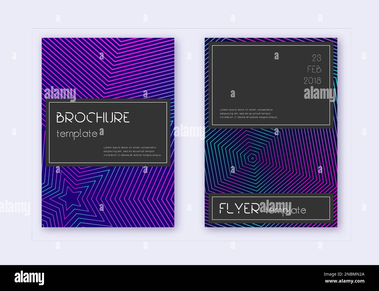 Black cover design template set. Neon abstract lines on dark blue