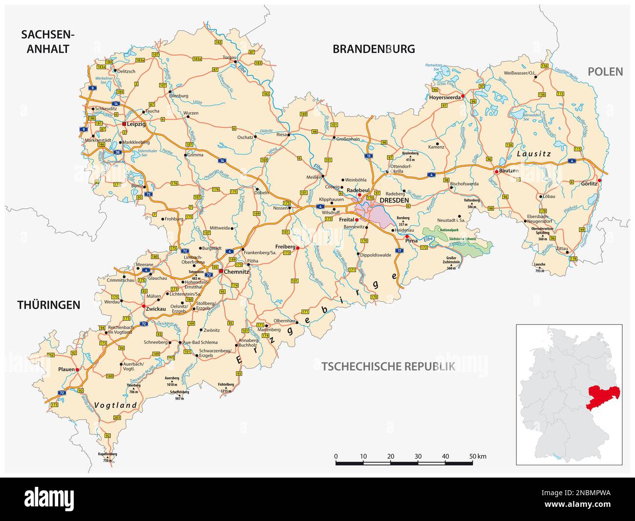 Roadmap of the German state of Saxony Stock Photo