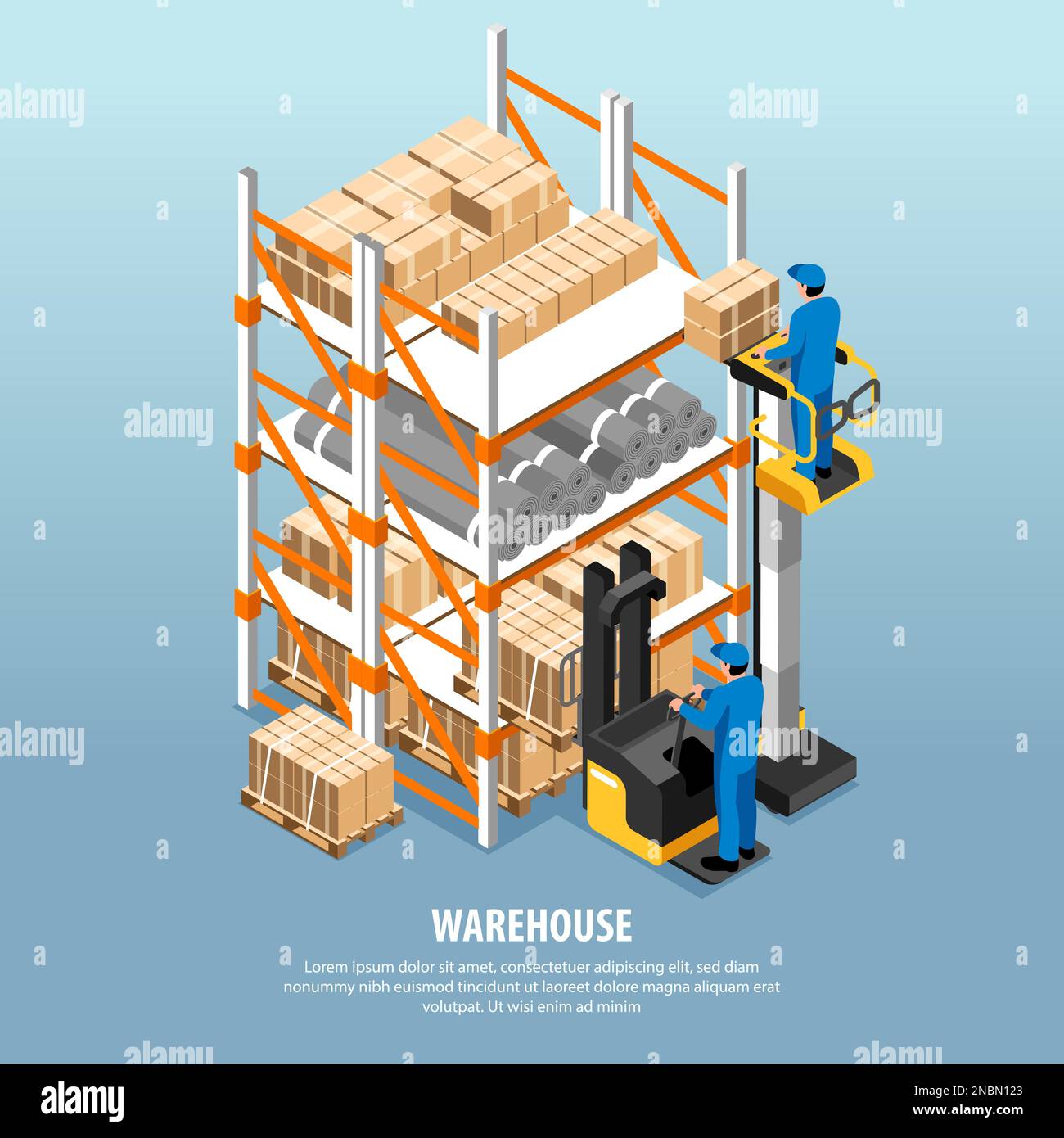 Isometric warehouse interior concept with workers loading cardboard boxes vector illustration Stock Vector