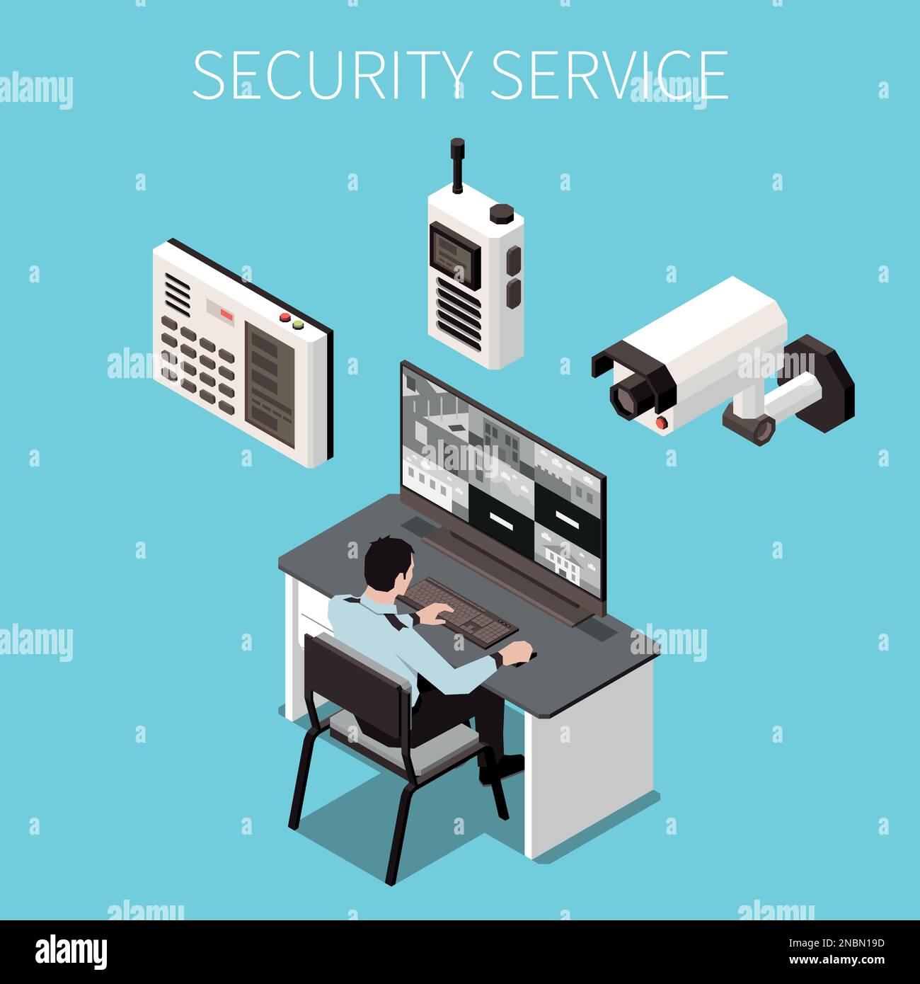 Security service design concept with office guard looking in screen of