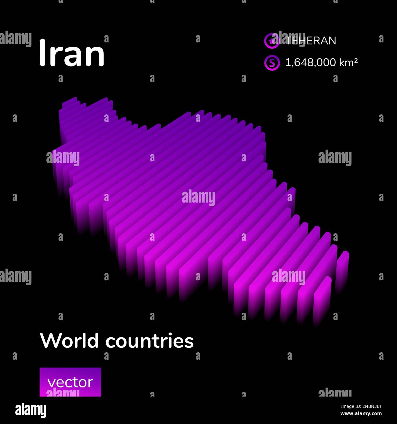 Iran 3D map. Stylized neon simple digital isometric striped vector Map of Iran is in violet colors on black background. Educational banner. Stock Vector