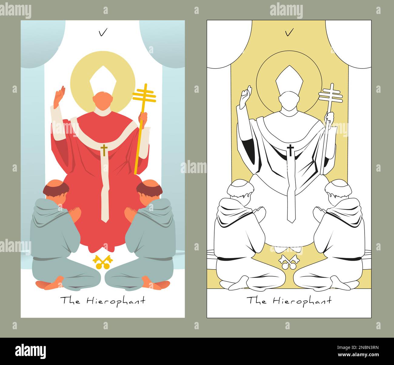 Major Arcana Tarot Cards. Stylized design. The Hierophant. Pope blessing two priests at his feet. Stock Vector