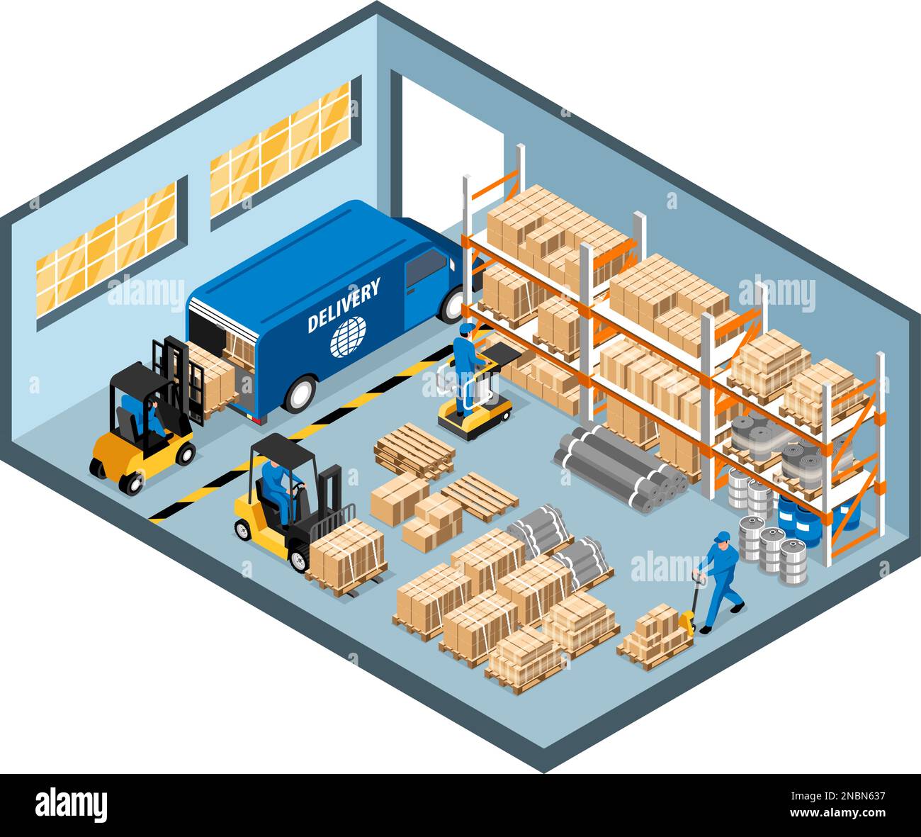 Isometric warehouse interior conceptwith workers loading boxes with ...