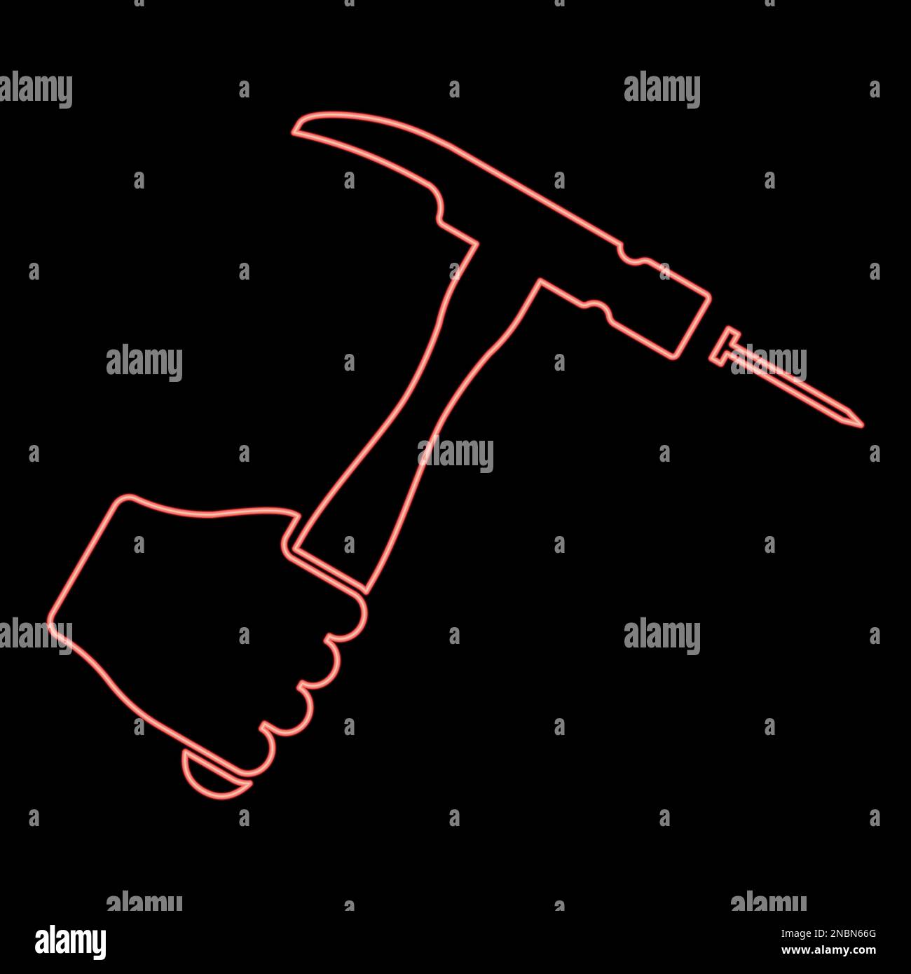 Neon hammer hits nail in hand claw holding Fixing and repairing working