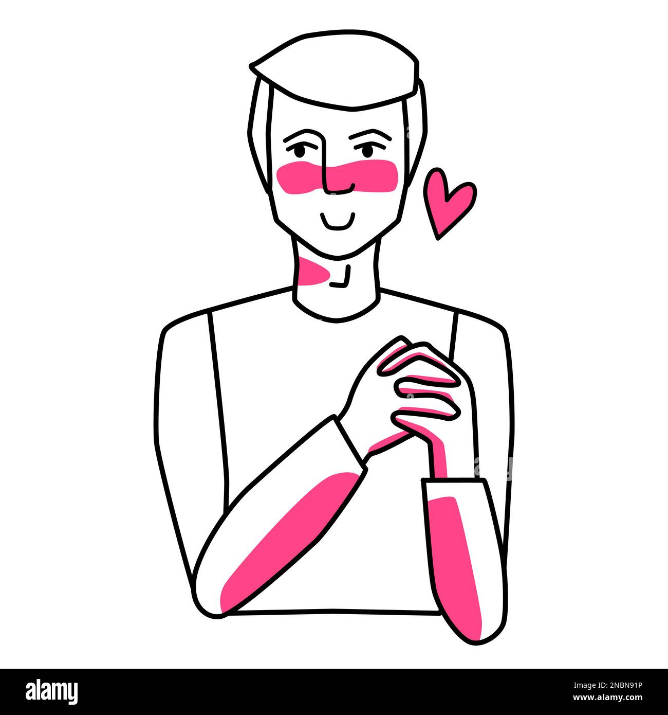 Adult male in love, holding his hands. Line art, hand drawn sketch style illustration with pink spots. Stock Vector