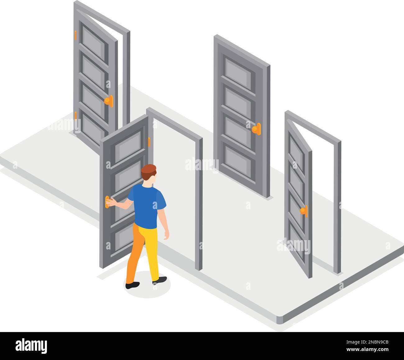 Decision making abstract isometric concept with man opening different doors vector illustration Stock Vector