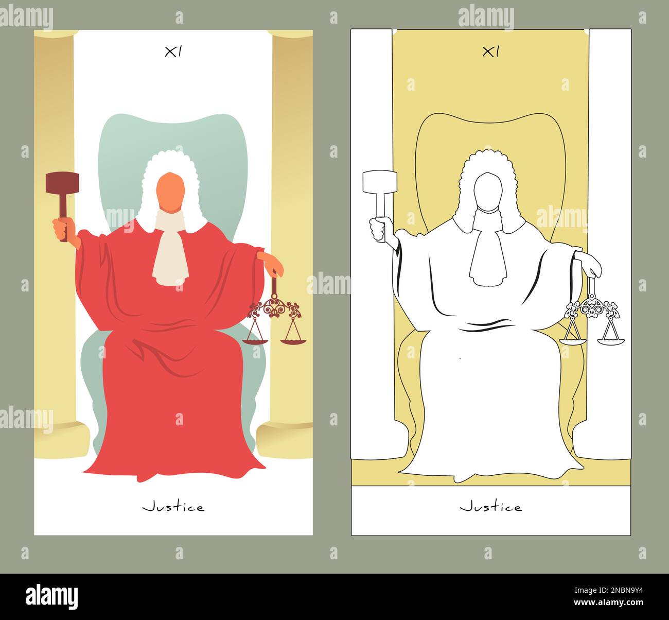 Major Arcana Tarot Cards. Stylized design. Justice. Figure dressed in a wig and judge's clothes, holding a hammer in one hand and a scale in another Stock Vector