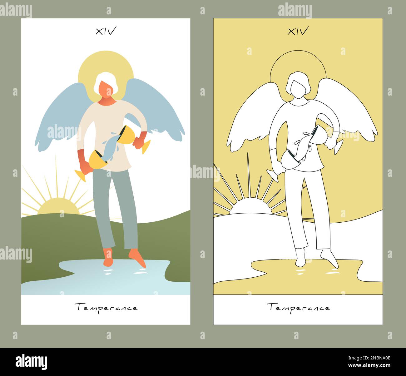 Major Arcana Tarot Cards. Stylized design. Temperance. Angel with appearance and clothes of young man, great wings, hair fair, pouring water from one Stock Vector