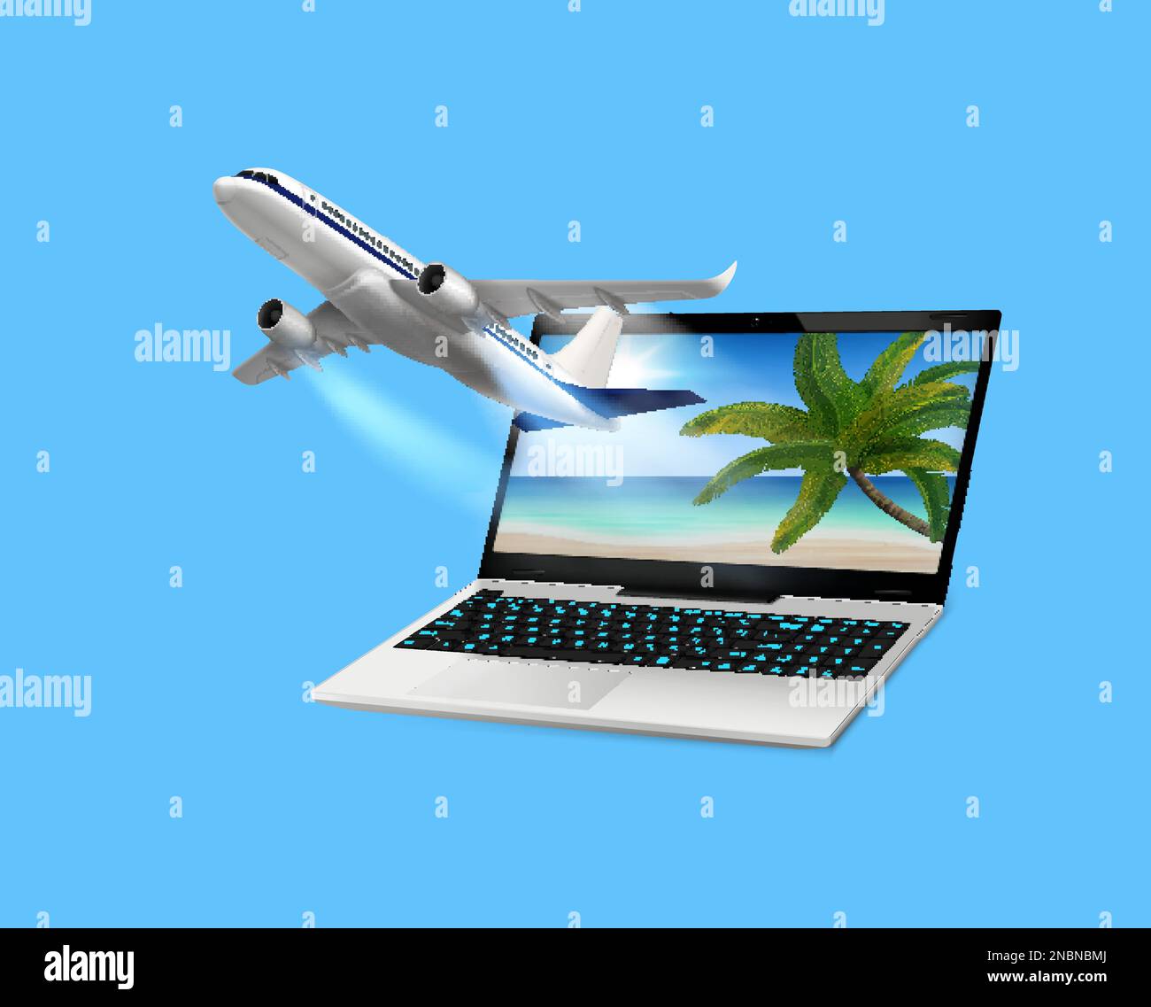 Flying airplane laptop composition with realistic image of jet flying