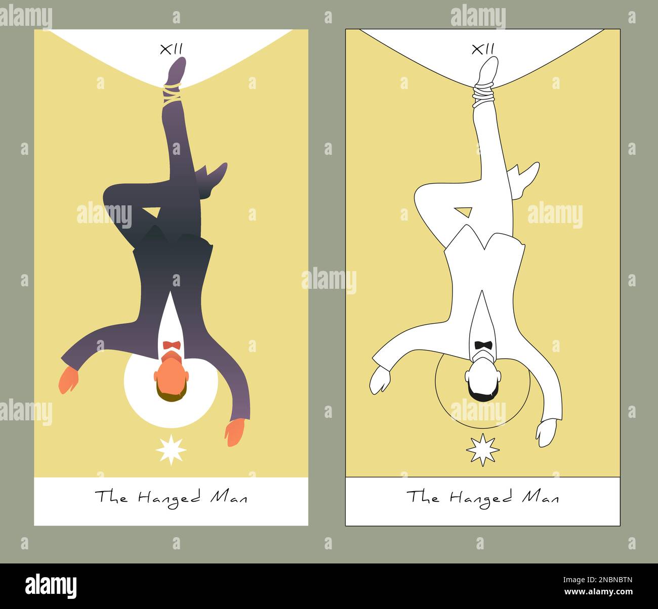 Major Arcana Tarot Cards. Stylized design. The Hanged Man. Man in a suit hanging by one foot