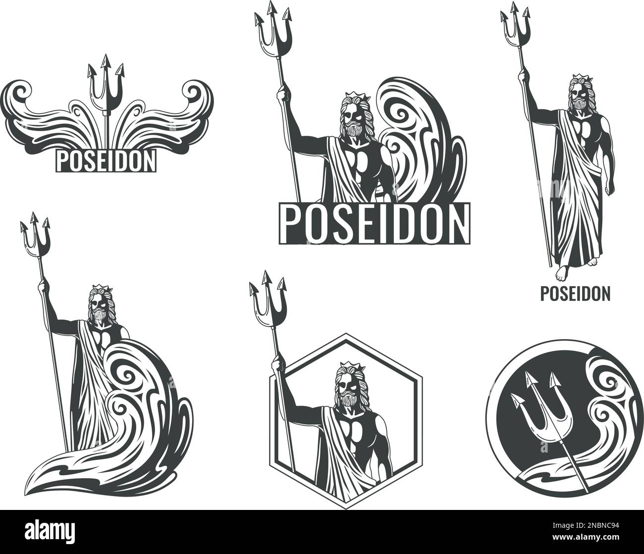 Greek god flat black and white emblems set with poseidon and his trident isolated vector illustration Stock Vector