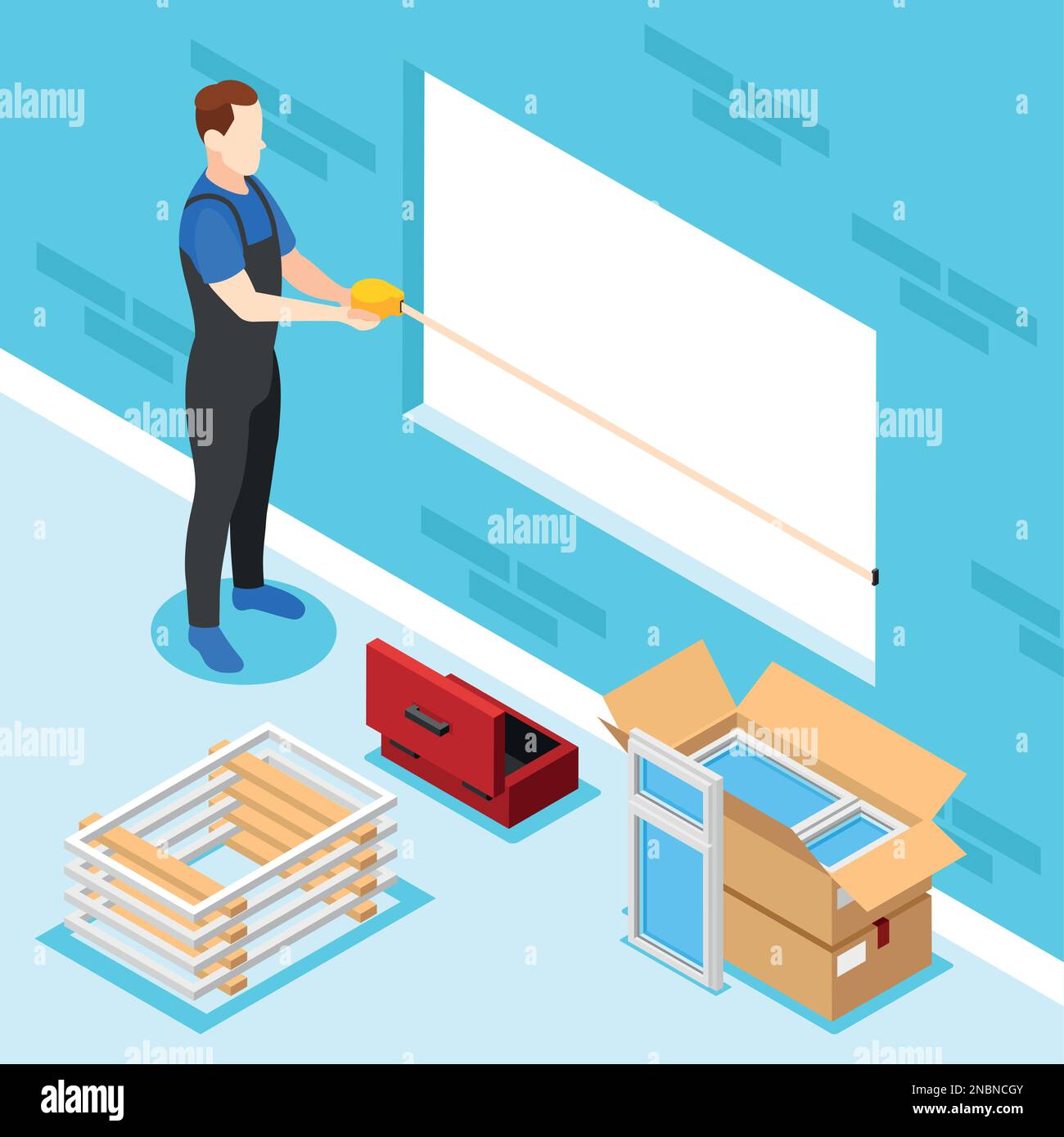 Plastic windows isometric background with worker making measurements vector illustration Stock Vector