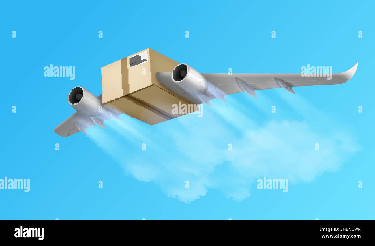 Flying box air delivery realistic composition with conceptual image of