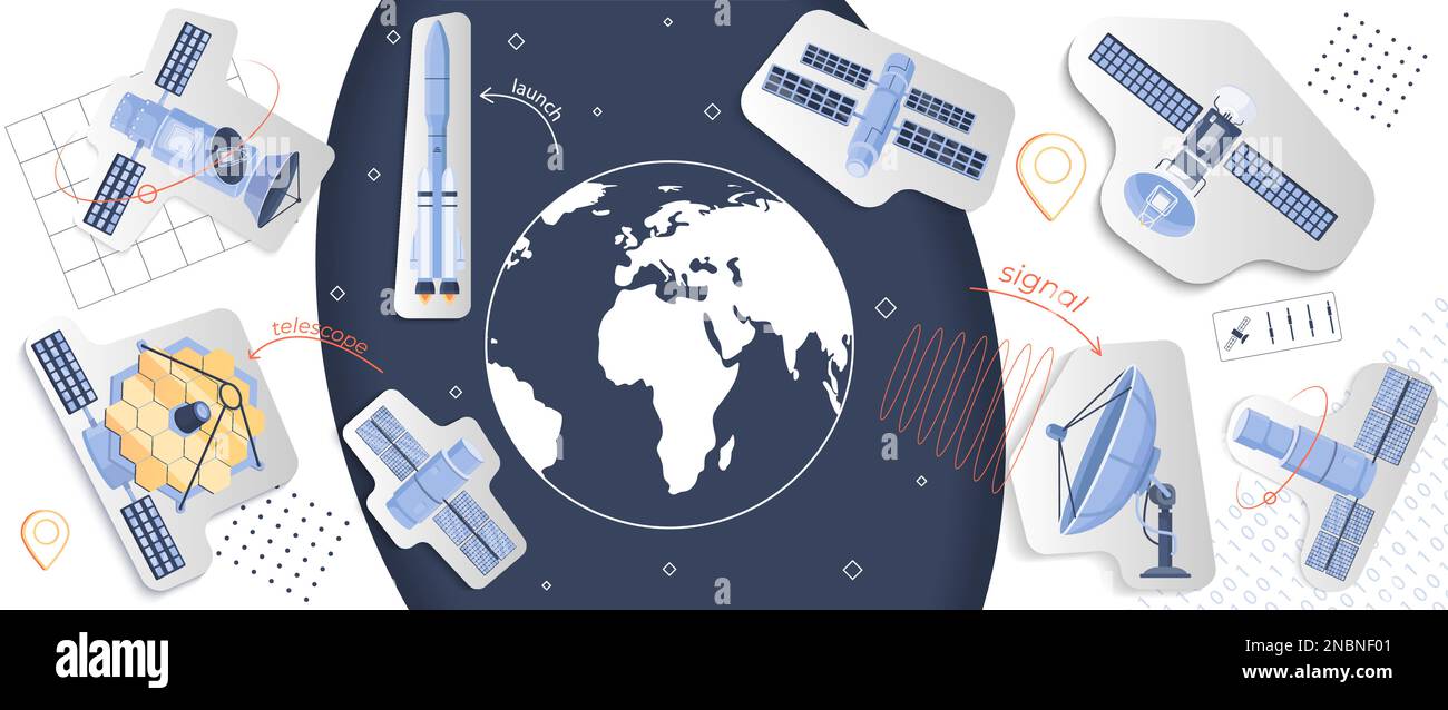 Satellites collage with telecommunication and data symbols flat vector illustration Stock Vector