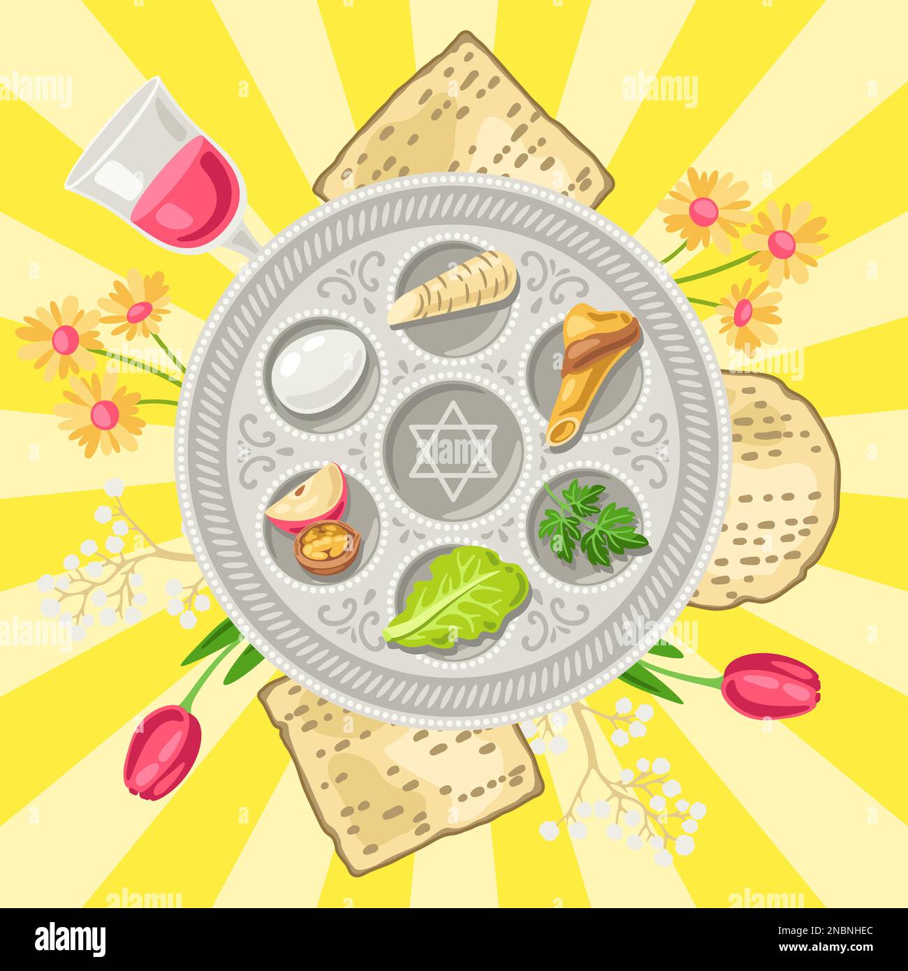 Happy Pesach Jewish Passover plate greeting card. Holiday background
