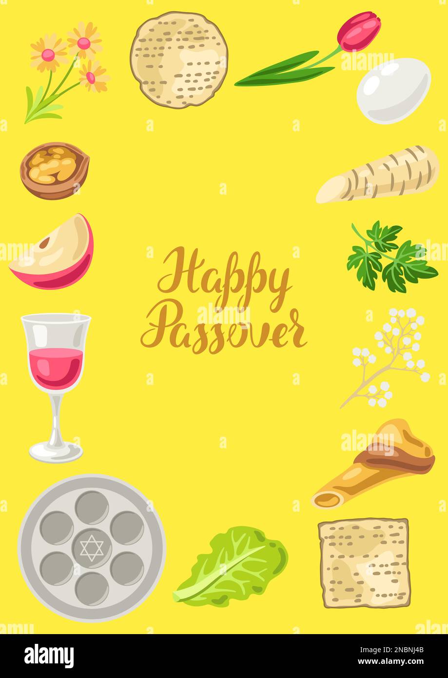 Happy Pesach Jewish Passover plate decorative frame. Holiday background