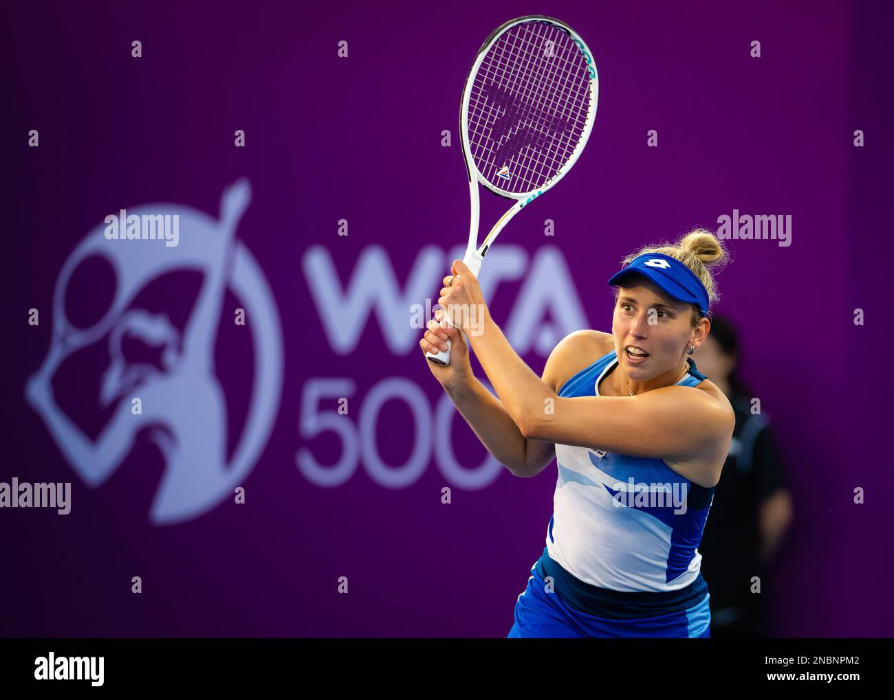 Doha, Qatar 13/02/2023, Elise Mertens of Belgium in action during the
