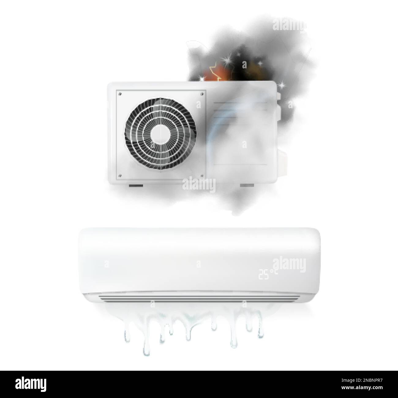 Broken burning and leaking air conditioner realistic isolated vector