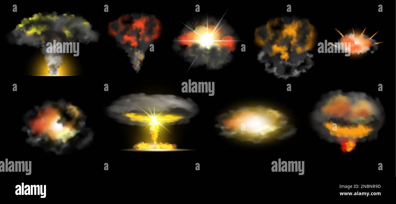 Nuclear bomb explosion effect with smoke and flame realistic set