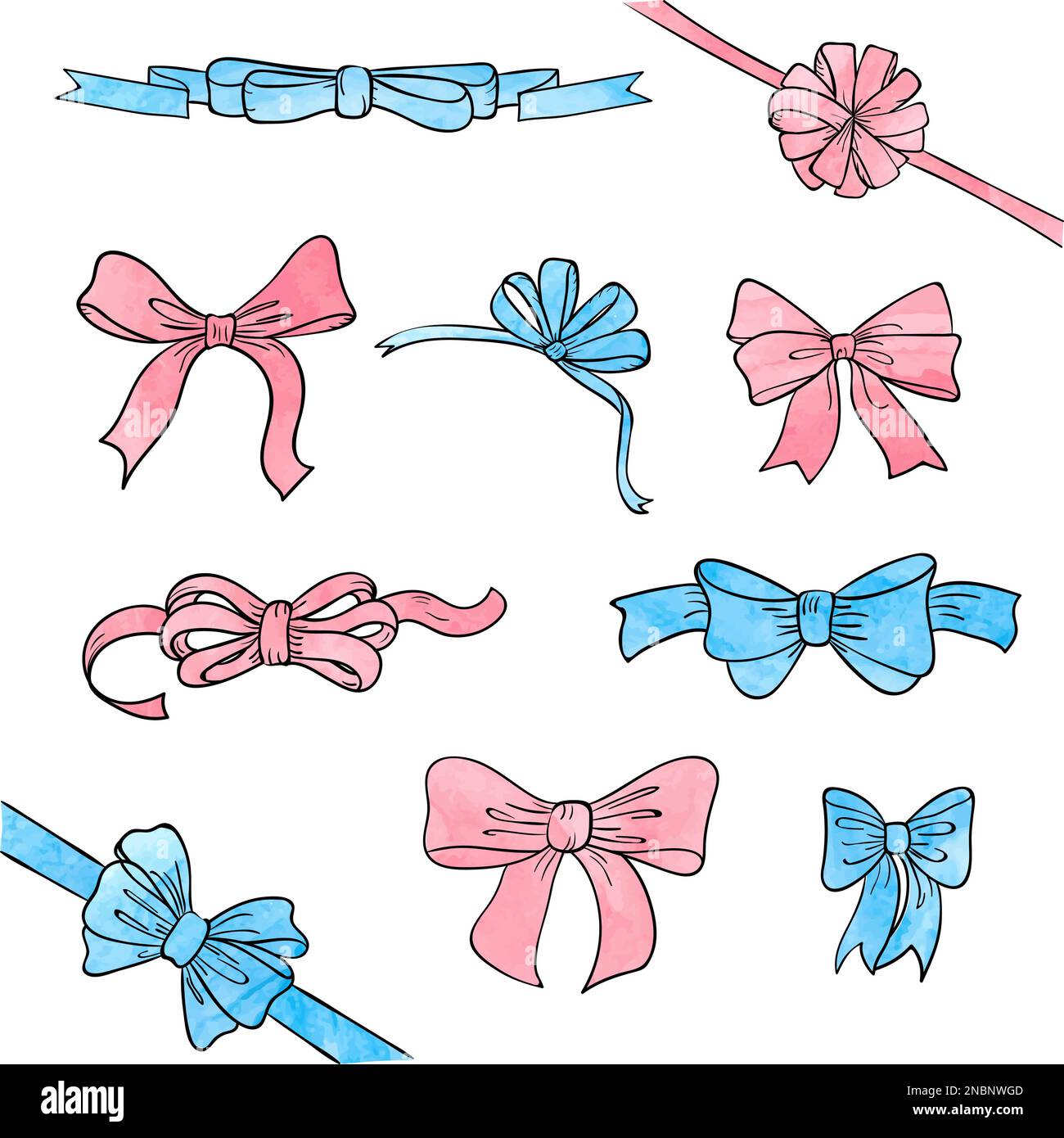 Set of pink and blue watercolor bows isolated on white. Vector bow and ...