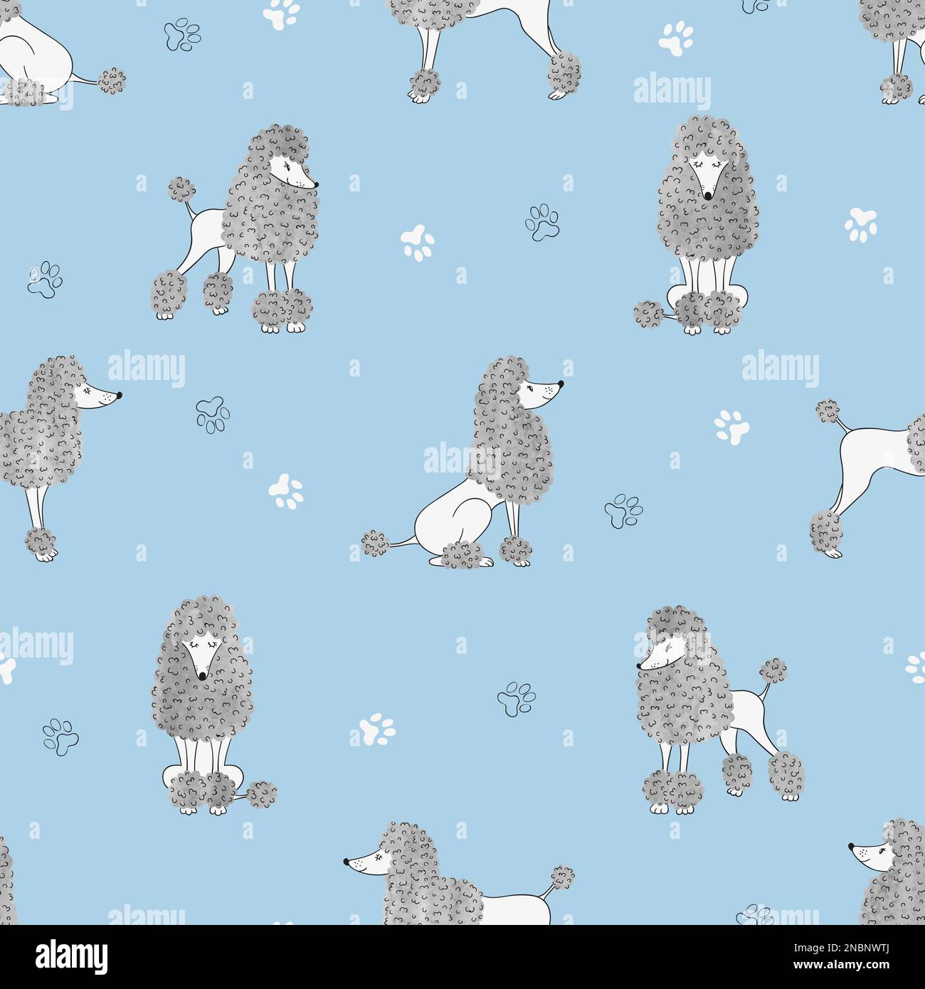 Seamless cute watercolor poodles dogs pattern. Vector background for