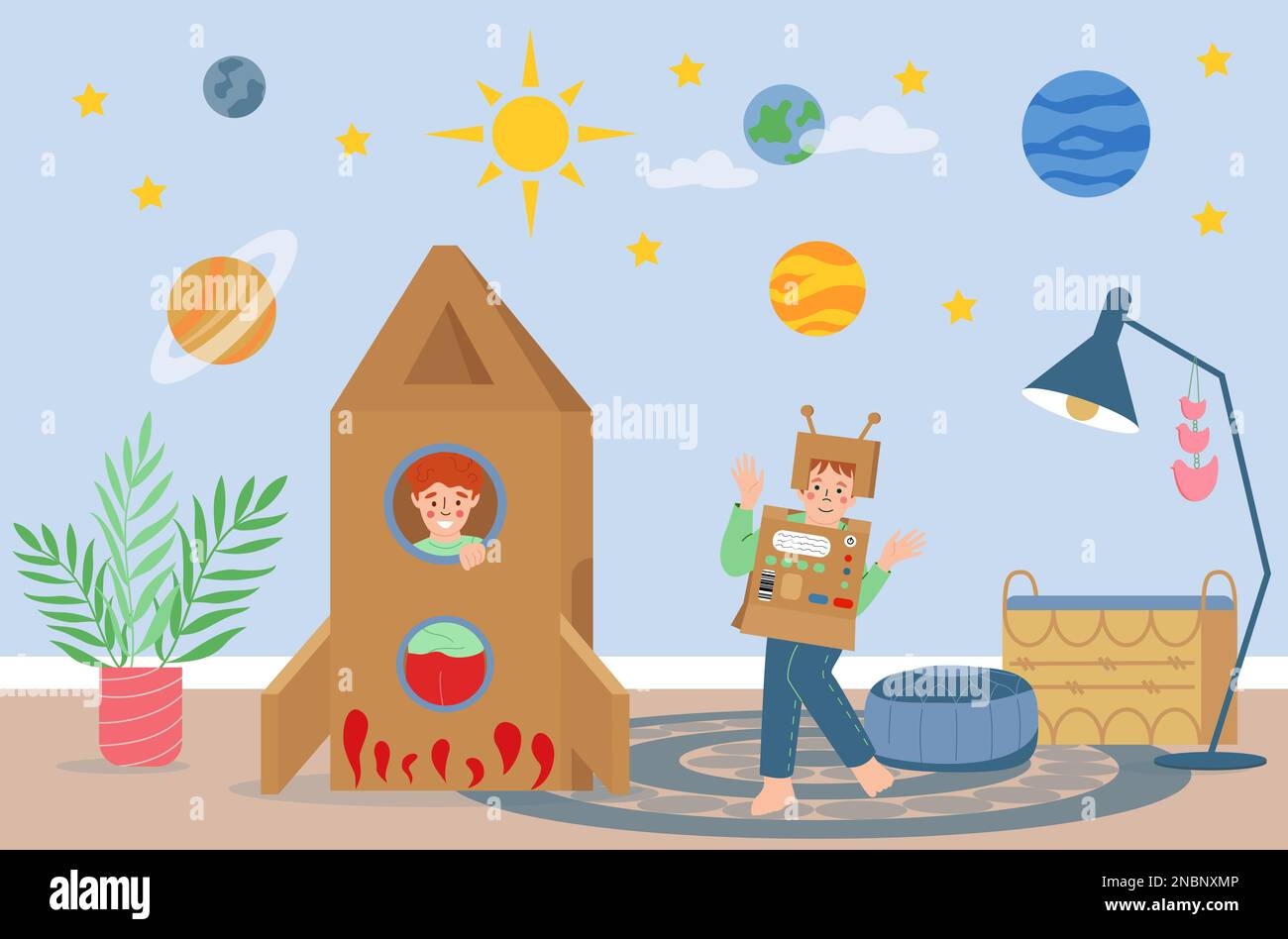 Kids cardboard toys flat poster with carton rocket and robot vector