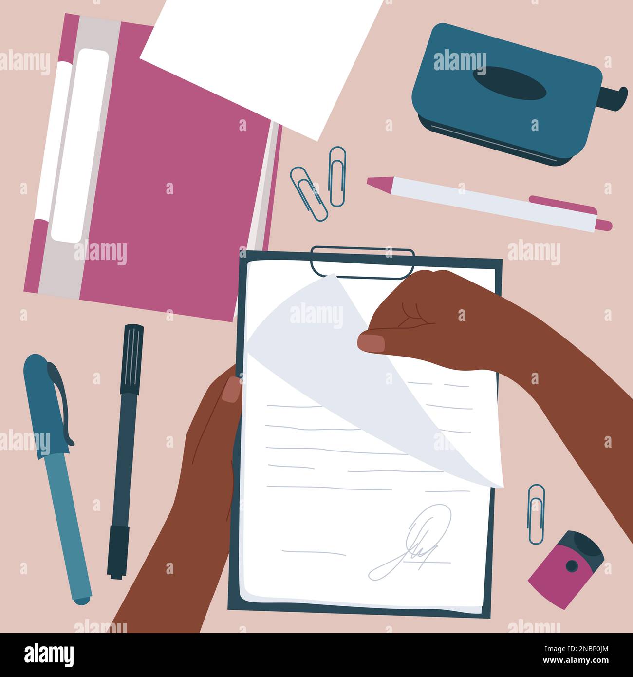 Office stationery flat set with human hands holding paper pad vector illustration Stock Vector