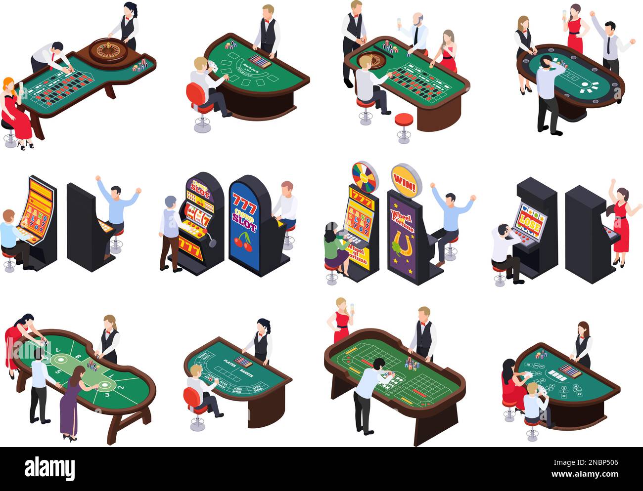 Casino isometric set with isolated views of gaming tables with cards chips roulette dealers and slots vector illustration Stock Vector