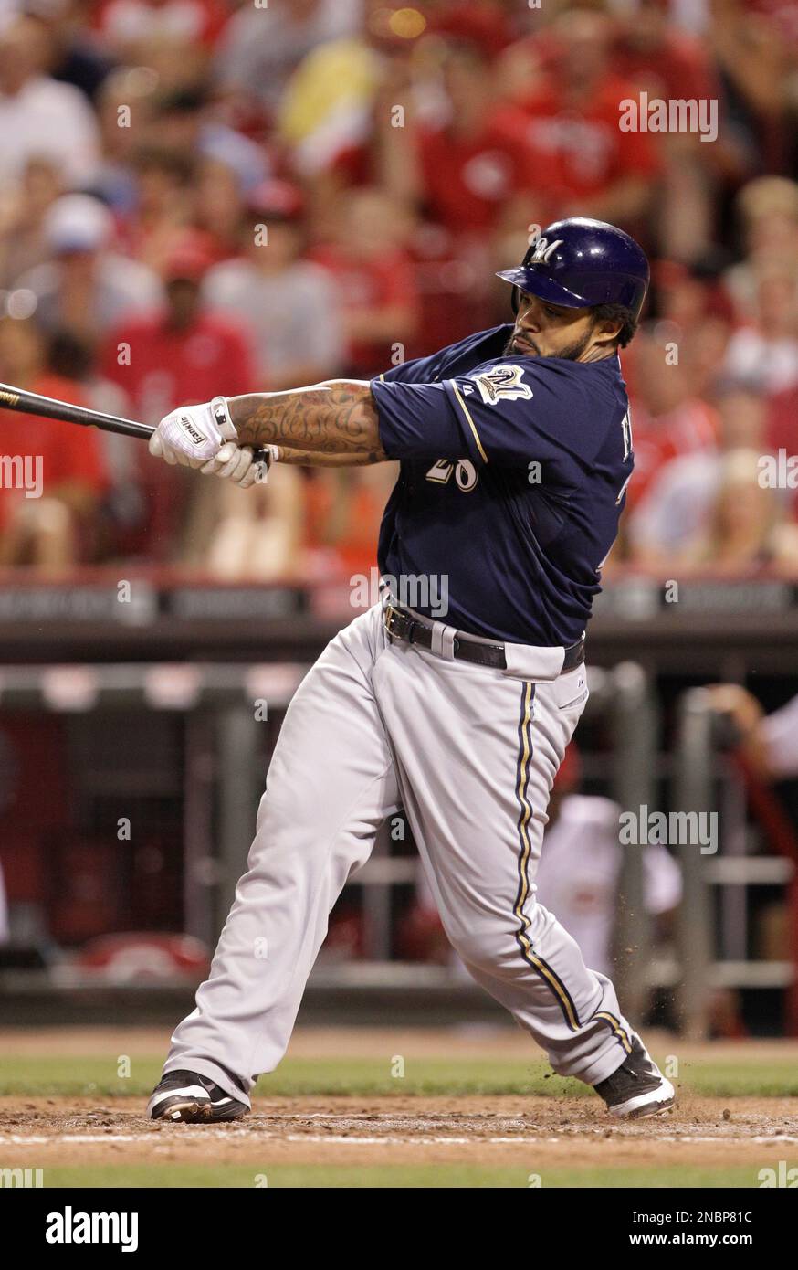 Milwaukee Brewers first baseman Prince Fielder (28) hits a double down the  first base line during the game between the Colorado Rockies and Milwaukee  Brewers at Miller Park in Milwaukee. The Brewers
