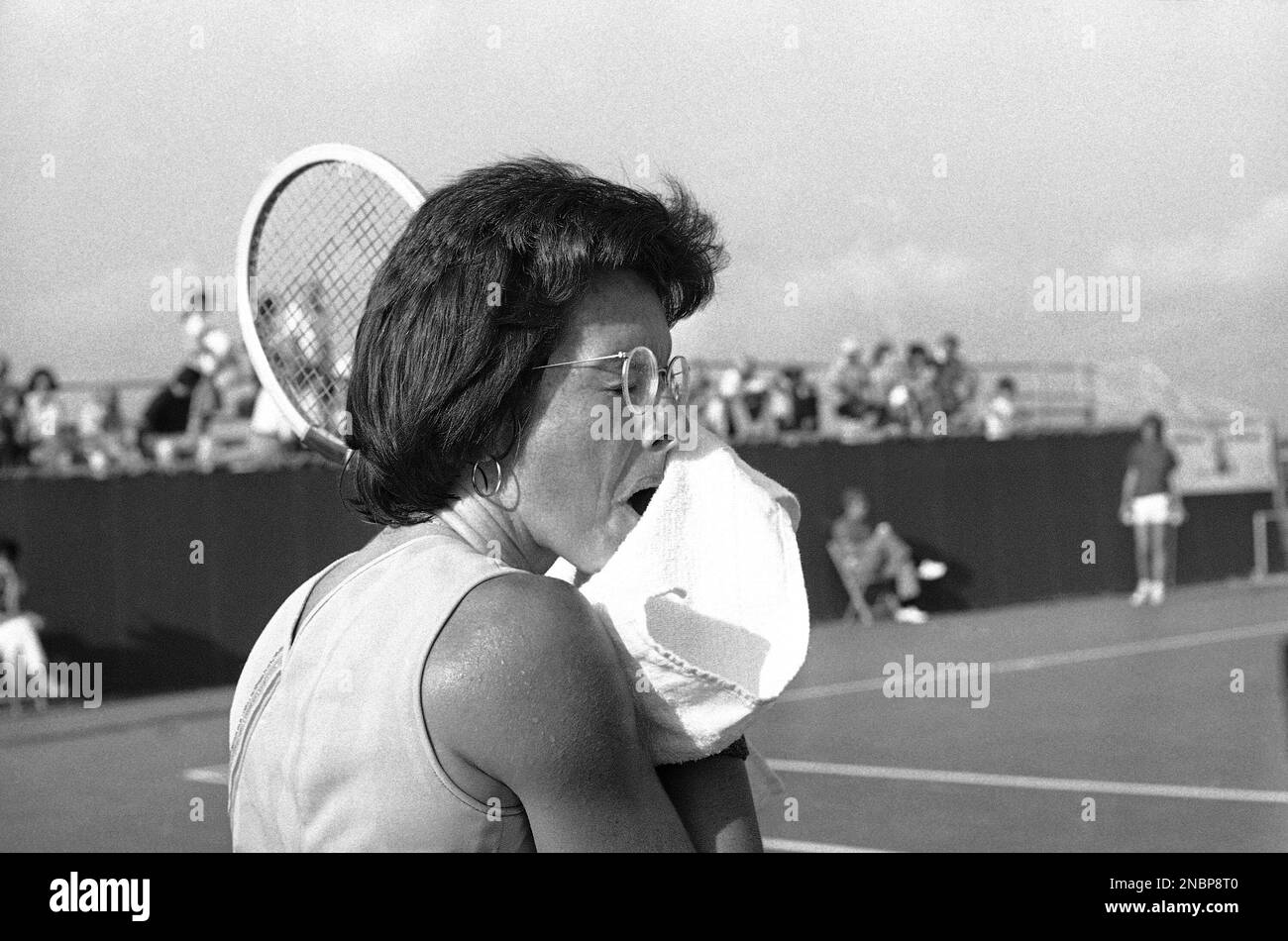 Billie Jean King, who won the $100,000 “Battle of the Sexes” tennis match  from Bobby Riggs, as she towels down during her tournament quarterfinals  match with Robin Tinney at the Houston Virginia