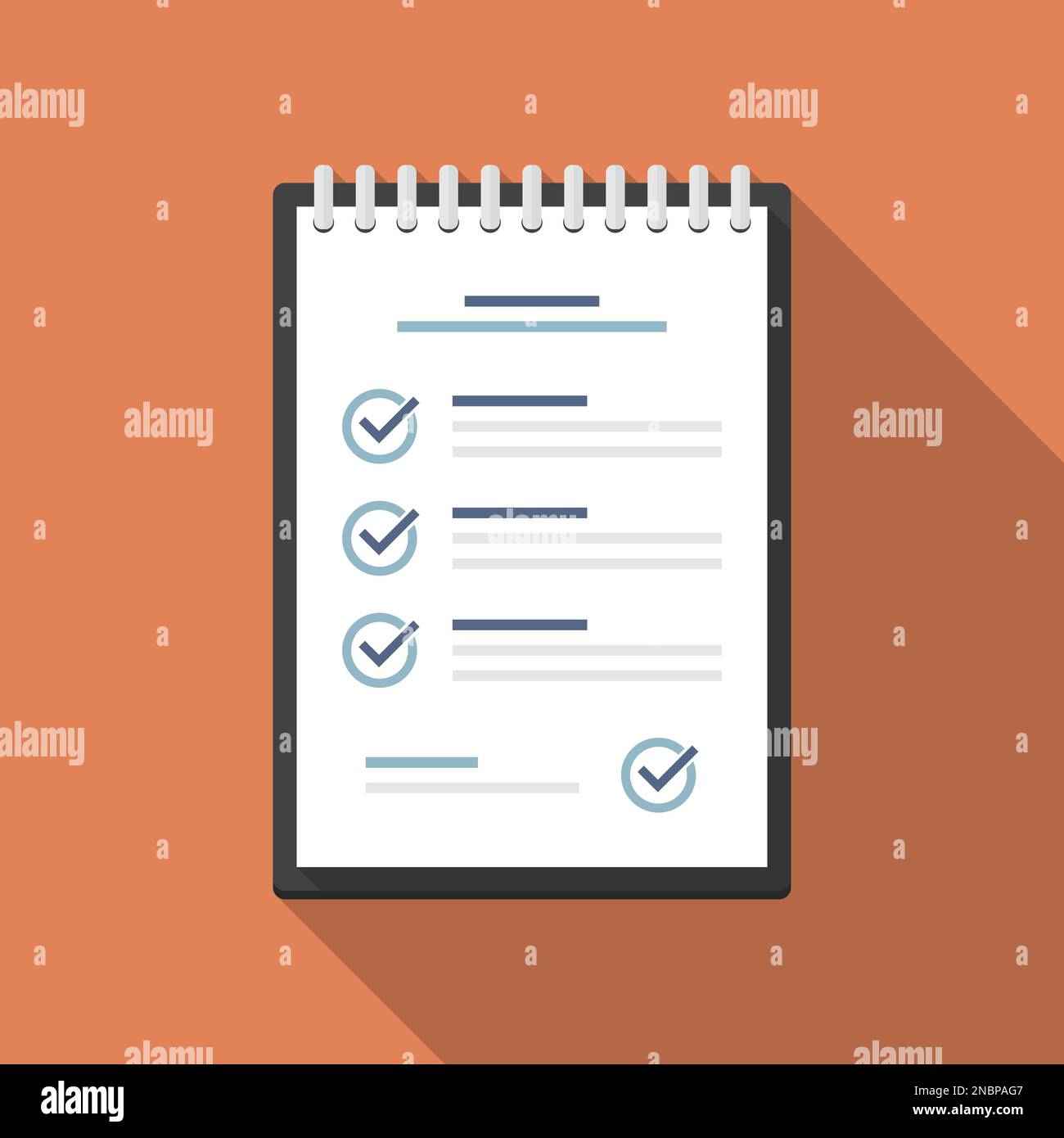 Notebook with checklist in a flat design with long shadow Stock Vector