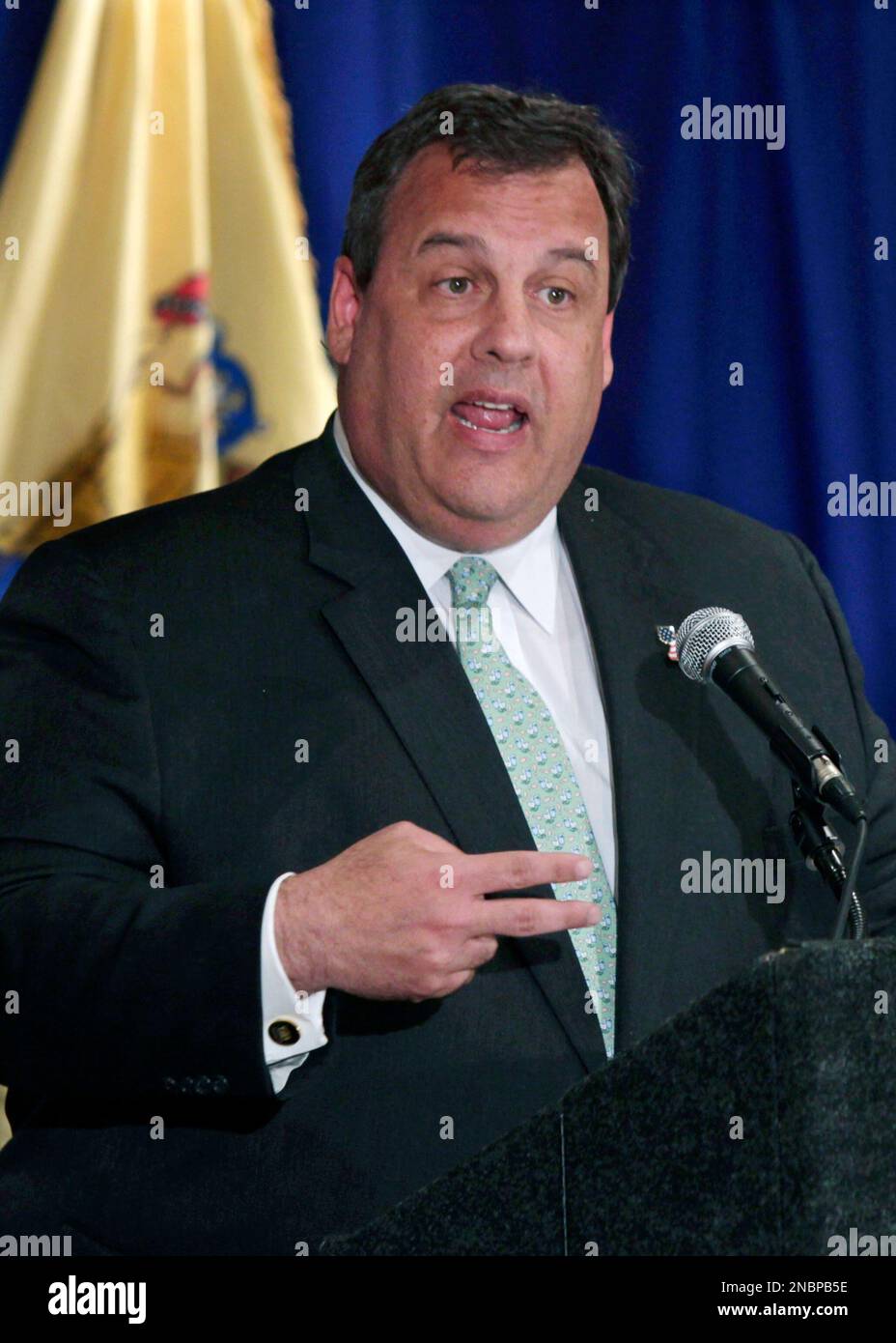 Gov. Chris Christie answers a question Thursday, June 2, 2011, in Denville, N.J., as he says he used a state police helicopter for two personal trips, including to fly to his son's baseball game. Christie and the State Republican Committee are reimbursing the state for the governor's personal use of the helicopter. (AP Photo/Mel Evans) Stock Photo