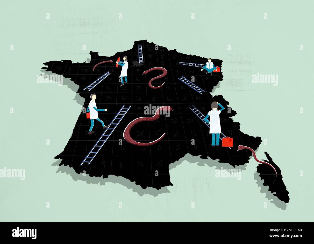 Map of France with health care workers on a board game of snakes and ladders Stock Photo