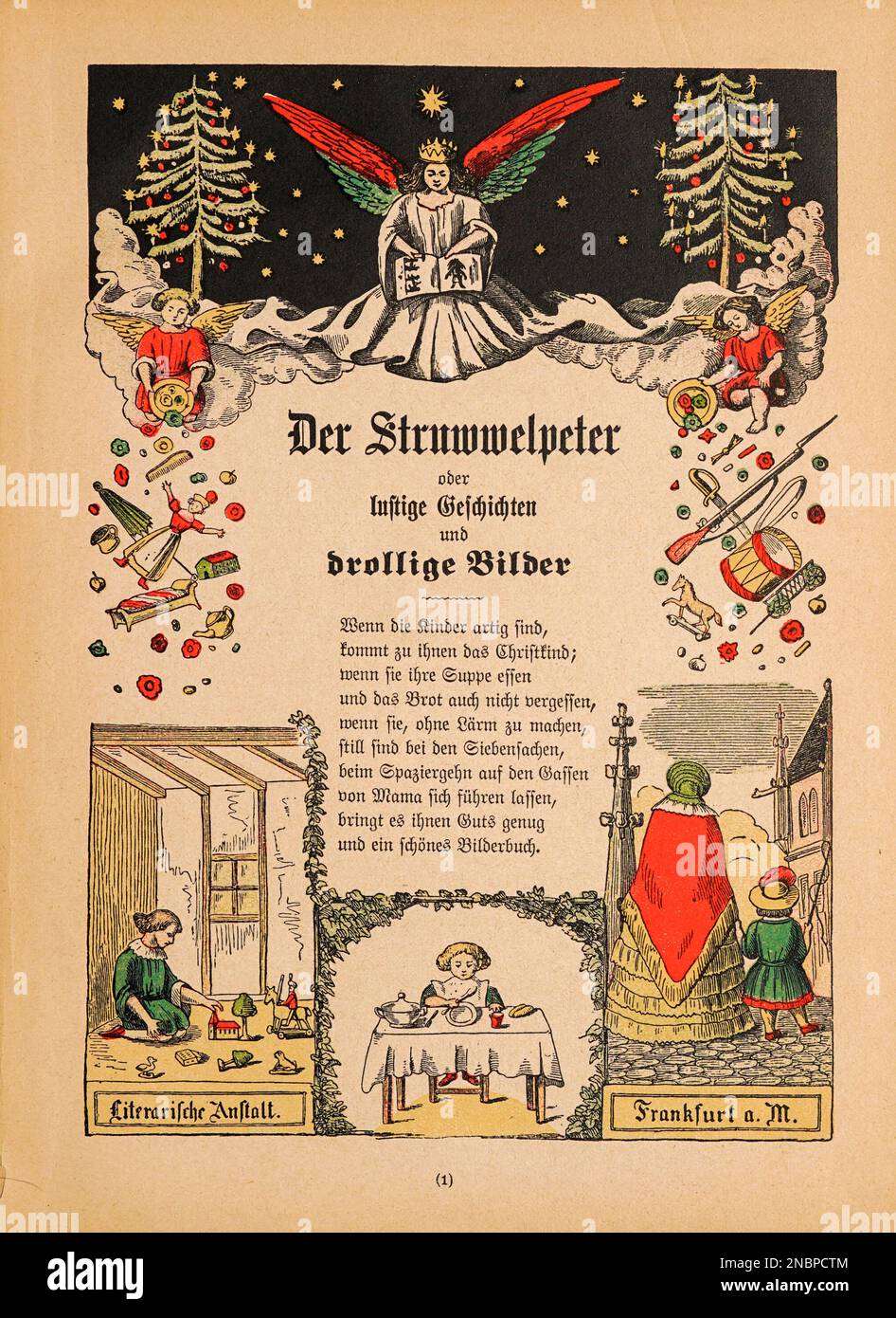 Title page from the original German Version of the book ' Das Struwwelpeter-album : aus Bilderbüchern ' by Hoffmann, Heinrich, 1809-1894 Publication date 1900 Publisher Frankfurt am Main : Rütten & Loening [ Der Struwwelpeter ('shock-headed Peter' or 'Shaggy Peter') is an 1845 German children's book by Heinrich Hoffmann. It comprises ten illustrated and rhymed stories, mostly about children. Each has a clear moral that demonstrates the disastrous consequences of misbehavior in an exaggerated way.[1] The title of the first story provides the title of the whole book. Der Struwwelpeter is one of Stock Photo