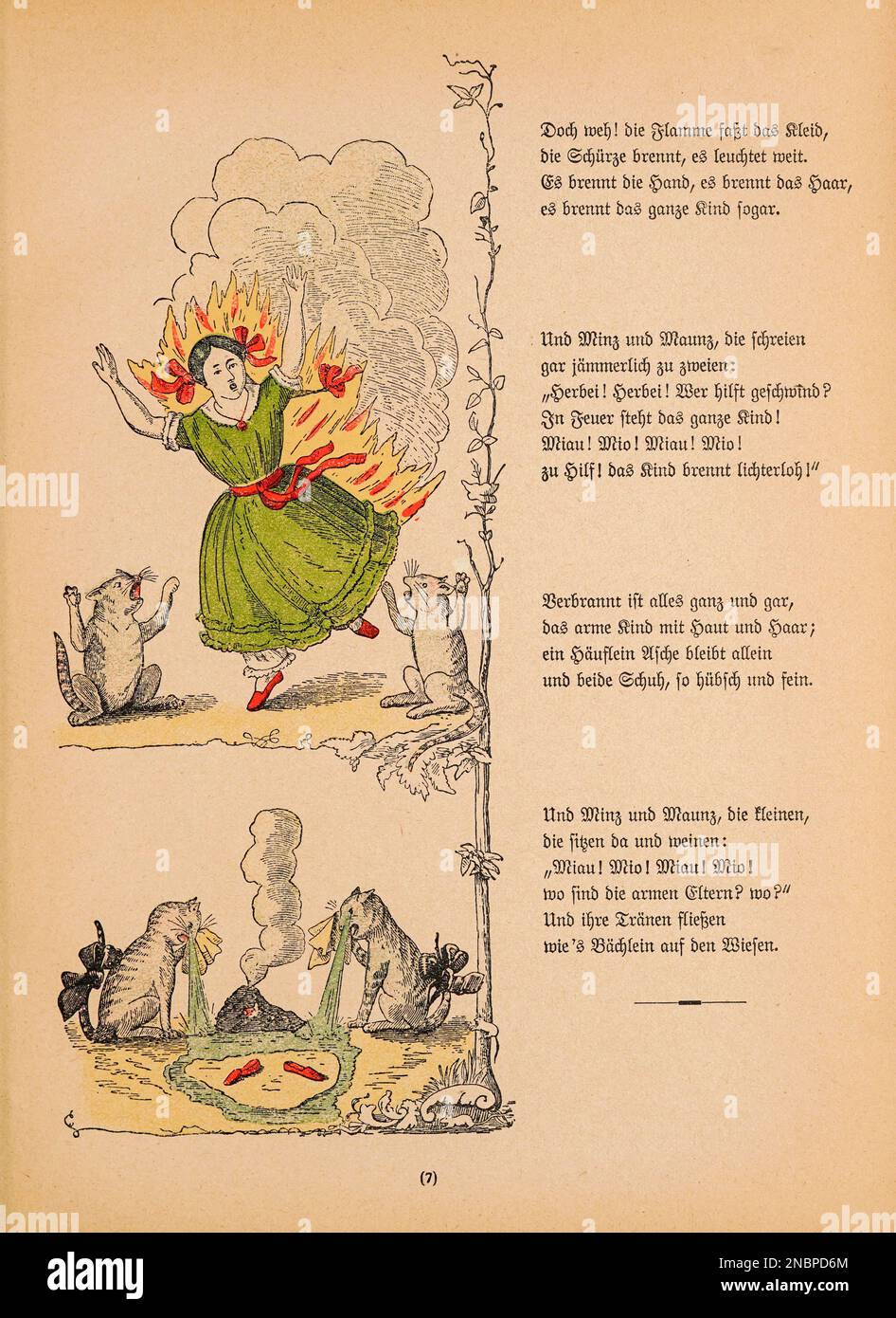 Die gar traurige Geschichte mit dem Feuerzeug - The really sad story with the lighter from the original German Version of the book ' Das Struwwelpeter-album : aus Bilderbüchern ' by Hoffmann, Heinrich, 1809-1894 Publication date 1900 Publisher Frankfurt am Main : Rütten & Loening [ Der Struwwelpeter ('shock-headed Peter' or 'Shaggy Peter') is an 1845 German children's book by Heinrich Hoffmann. It comprises ten illustrated and rhymed stories, mostly about children. Each has a clear moral that demonstrates the disastrous consequences of misbehavior in an exaggerated way.[1] The title of the fir Stock Photo