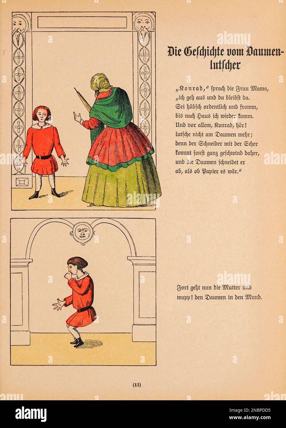 Die Geschichte vom Daumenlutscher - The Tale of the Thumbsucker from the original German Version of the book ' Das Struwwelpeter-album : aus Bilderbüchern ' by Hoffmann, Heinrich, 1809-1894 Publication date 1900 Publisher Frankfurt am Main : Rütten & Loening [ Der Struwwelpeter ('shock-headed Peter' or 'Shaggy Peter') is an 1845 German children's book by Heinrich Hoffmann. It comprises ten illustrated and rhymed stories, mostly about children. Each has a clear moral that demonstrates the disastrous consequences of misbehavior in an exaggerated way.] The title of the first story provides the ti Stock Photo
