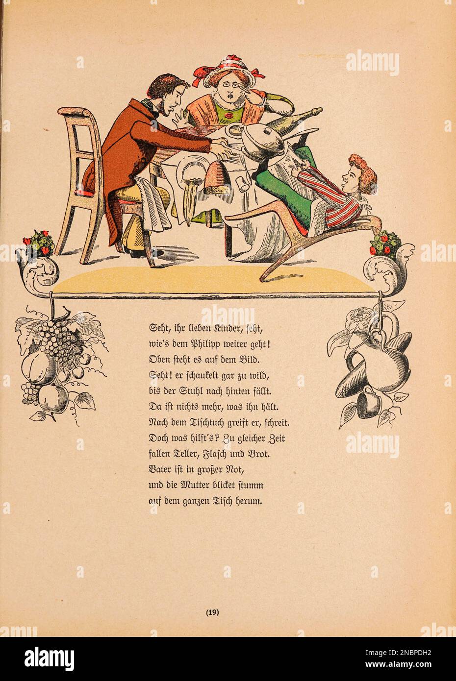 Die Geschichte vom Zappel philipp - The story of fidgety philipp from the original German Version of the book ' Das Struwwelpeter-album : aus Bilderbüchern ' by Hoffmann, Heinrich, 1809-1894 Publication date 1900 Publisher Frankfurt am Main : Rütten & Loening [ Der Struwwelpeter ('shock-headed Peter' or 'Shaggy Peter') is an 1845 German children's book by Heinrich Hoffmann. It comprises ten illustrated and rhymed stories, mostly about children. Each has a clear moral that demonstrates the disastrous consequences of misbehavior in an exaggerated way.[1] The title of the first story provides the Stock Photo