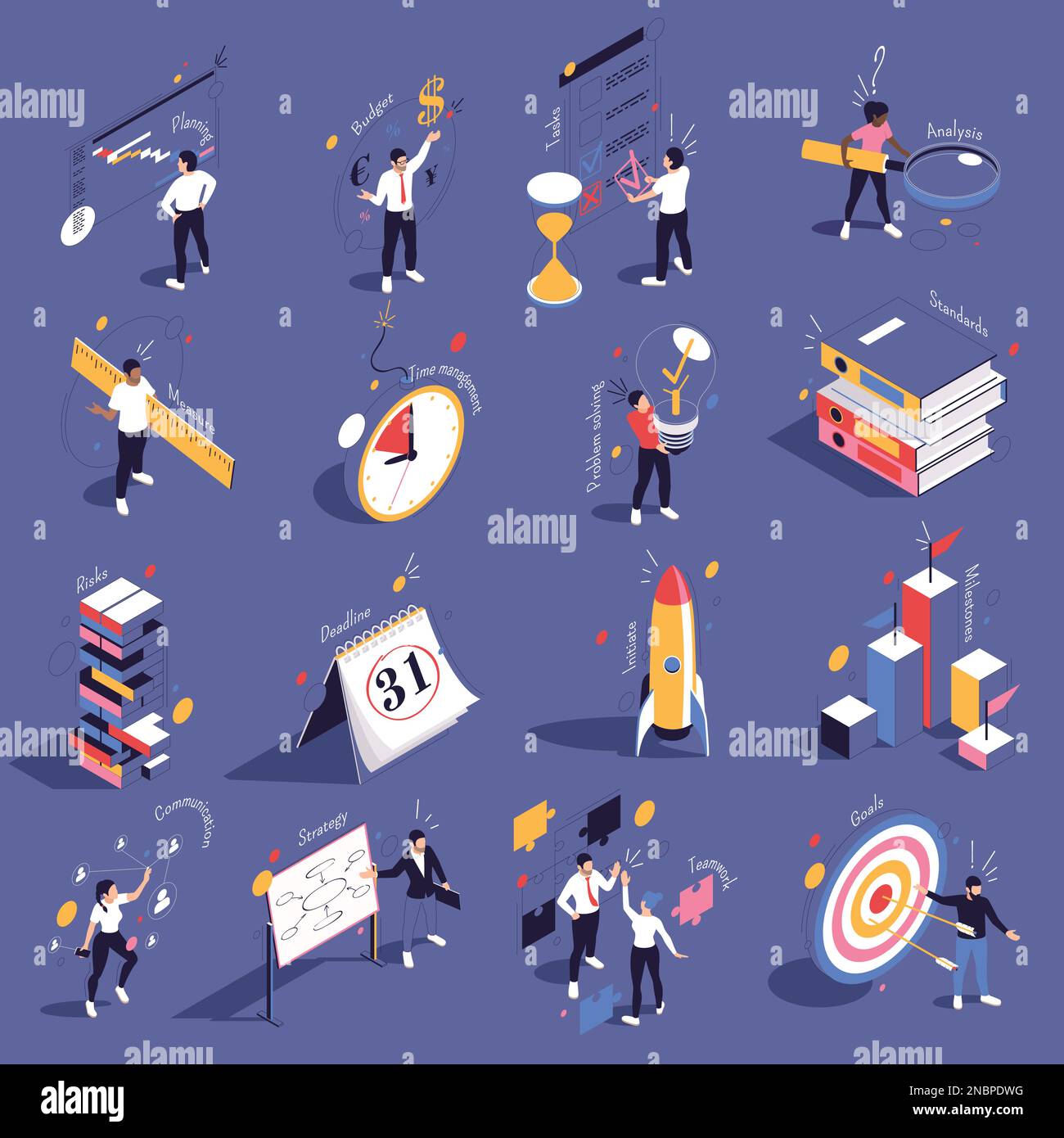 Project management isometric set of strategy analysis milestones