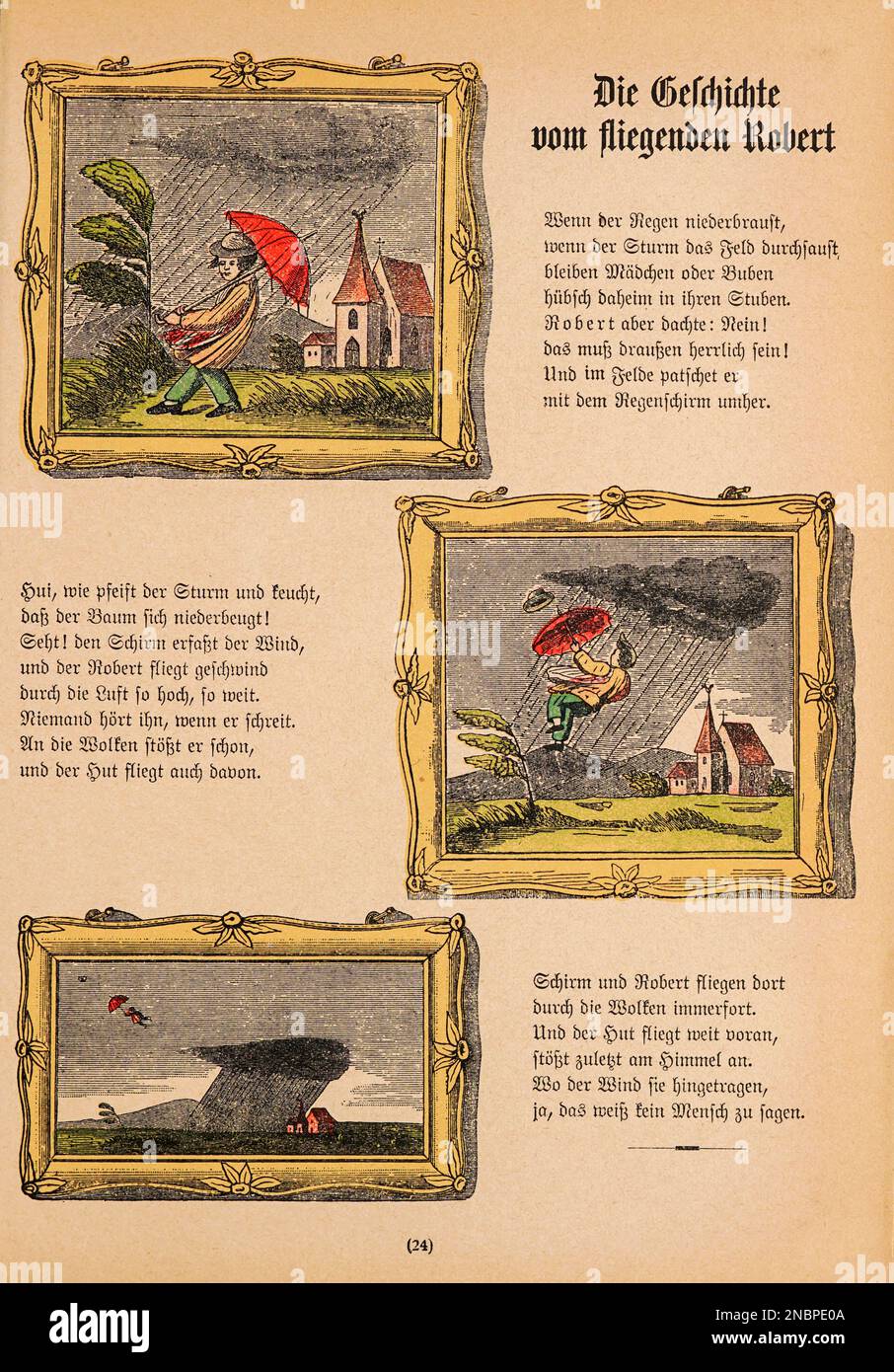 from the original German Version of the book ' Das Struwwelpeter-album : aus Bilderbüchern ' by Hoffmann, Heinrich, 1809-1894 Publication date 1900 Publisher Frankfurt am Main : Rütten & Loening [ Der Struwwelpeter ('shock-headed Peter' or 'Shaggy Peter') is an 1845 German children's book by Heinrich Hoffmann. It comprises ten illustrated and rhymed stories, mostly about children. Each has a clear moral that demonstrates the disastrous consequences of misbehavior in an exaggerated way.[1] The title of the first story provides the title of the whole book. Der Struwwelpeter is one of the earlies Stock Photo