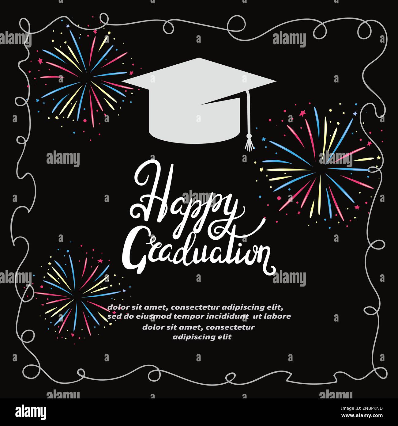 Graduation party invitation card. Vector template with colorful fireworks. Stock Vector