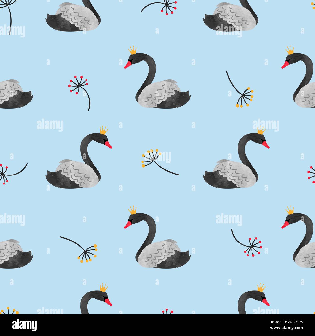 Seamless watercolor black swans pattern. Vector background Stock Vector