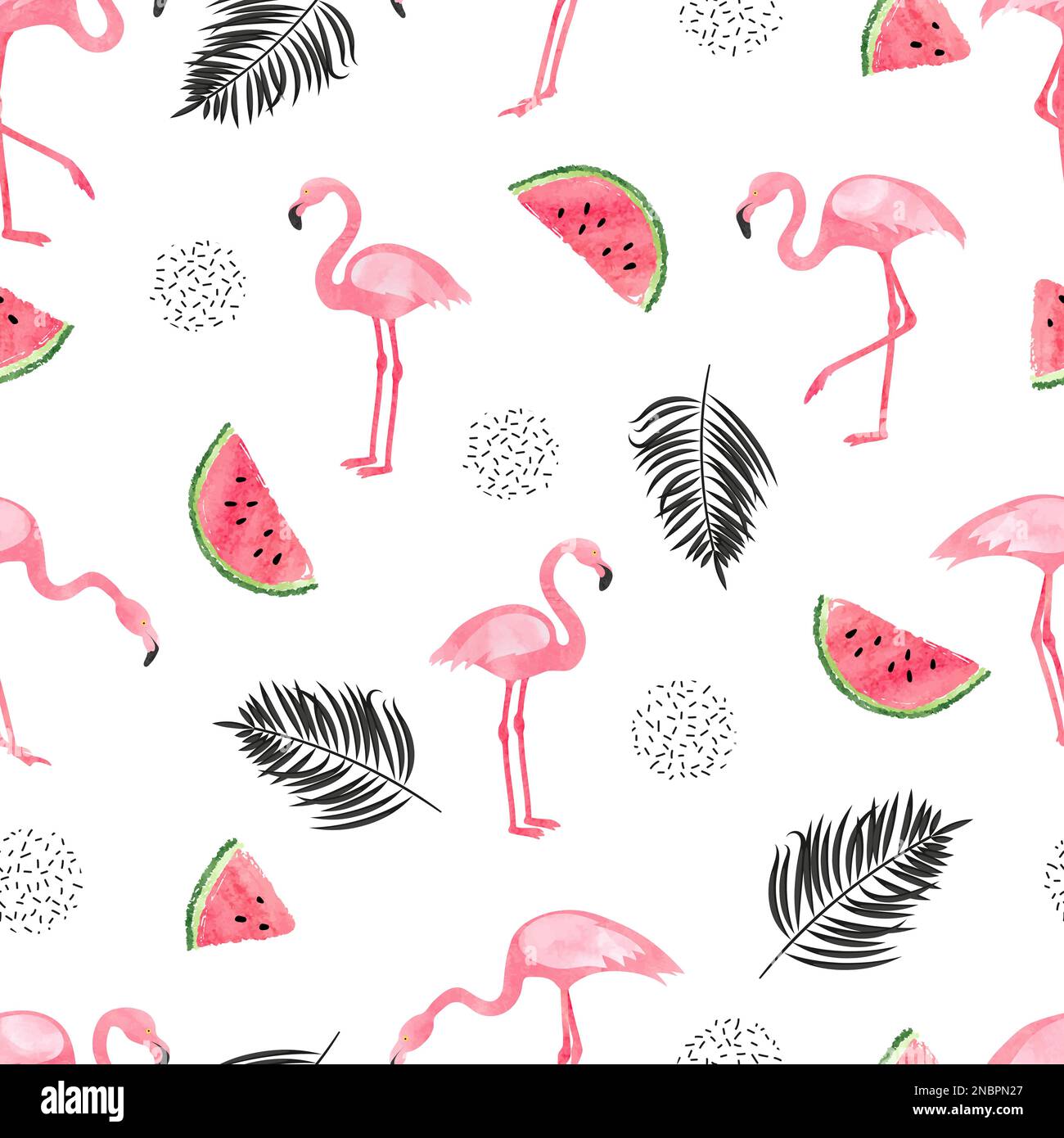 Seamless tropical trendy pattern with watercolor flamingos, watermelon ...